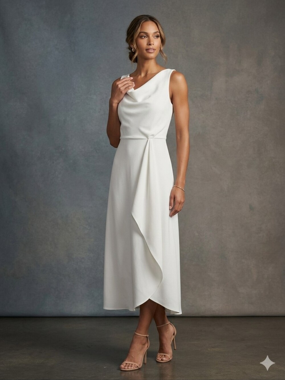 Cowl-Neck White Midi Dress with Draped Front